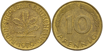 ФРГ 10 пфеннигов 1979 F J. 383, KM 108 сталь плакированная латунью    4603-446