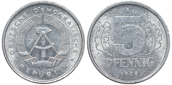 ГДР 5 ПФЕННИГОВ 1988 А алюминий 62-554