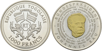 Того 1000 франков 2004 федеральный президент (1999-2004), Йоханнес Рау, позолота серебро PROOF 04-318-35