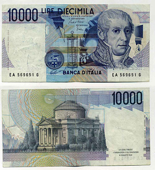 Италия 10000 лир 1984 Вольта, музей Храм Вольтиано Pick 112а бумага 8588-28-1-2