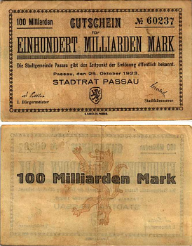 ПАССАУ 100000000000 МАРОК 1923 НОТГЕЛЬД, 25 ЛКТЯБРЯ 1923, ЗЕМЛЯ БАВАРИЯ Keller 4243p бумага 6318-44-2-2