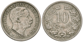 Люксембург 10 сантимов 1901 Адольф (1890-1905) KM 25 никель 4615-815