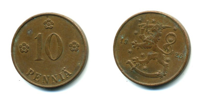 Финляндия 10 пенни 1926 республика (1918-1962) KM 24 медь 46-1512