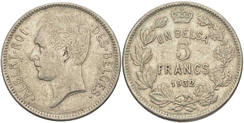БЕЛЬГИЯ 5 ФРАНКОВ 1932 АЛЬБЕРТ I, DES BELGES KM 97.1 никель 3851-231