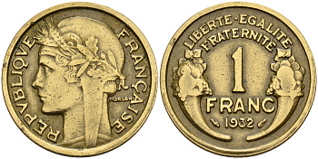 Франция 1 франк 1932 тип Морлон KM 885 алюминиевая бронза    4153-421