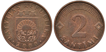 Латвия 2 сантима 2000 KM 21 сталь плакированная медью 4124-634