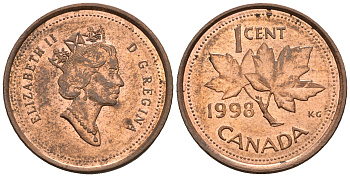 Канада 1 цент 1998 Елизавета II (1952-2022), кленовый лист KM 289 сталь плакированная медью 4609-258
