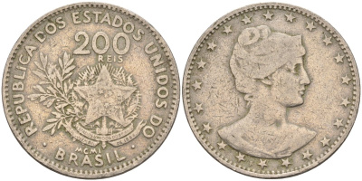 Бразилия 200 рейс 1901 голова свободы вправо KM 504 медно-никель 4589-1123