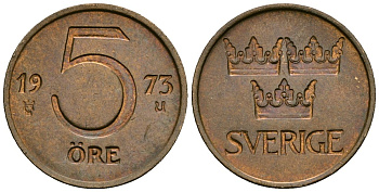 Швеция 5 эре 1973 U, Густав VI Адольф (1950-1973) KM 845 бронза 4136-868