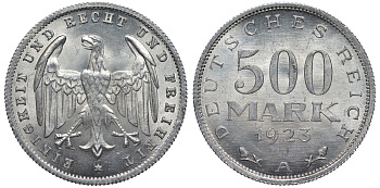 Германия 500 марок 1923 А KM 36, J.305 алюминий UNC 4587-515