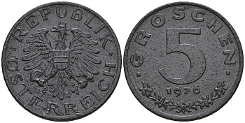 Австрия 5 грошей 1976  KM 2875 цинк    4152-1122