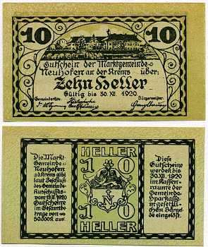 Австрия, Нойхофен-на-Кремсе 10 геллеров 1920 30 декабря 1920, нотгельд, ярмарочная коммуна в земле Верхняя Австрия   бумага  UNC (пресс) 8614-29-3-1