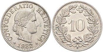 Швейцария 10 раппенов 1932 B KM 27b никель     3309-1068