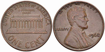США 1 ЦЕНТ 1962 ЛИНКОЛЬН KM 201 медь цинк 105-633