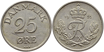 Дания 25 эре 1955 N; S, Фредерик IX (1947-1972) KM 842.1 медно-никель 4398-936