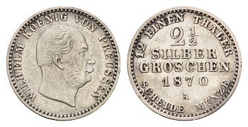 Пруссия 2 1/2 серебряных гроша 1870 A, Вильгельм I (1861-1888) KM 486 серебро 1531-1514