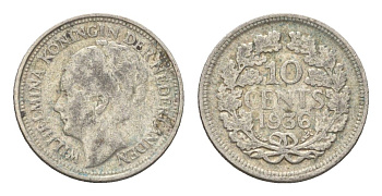 Нидерланды 10 центов 1936 Вильгельмина I (1890-1948) KM 163 серебро 4659-1156