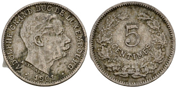 Люксембург 5 сантимов 1901 герцог Адольф (1890-1905) KM 24 медно-никель 4602-337