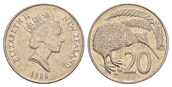 Новая Зеландия 20 центов 1988 Елизавета II (1952-2022), птичка киви KM 62 медно-никель 4187-856