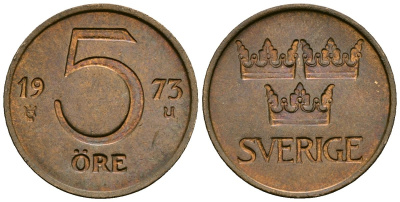 Швеция 5 эре 1973 U, Густав VI Адольф (1950-1973) KM 845 бронза 4136-868