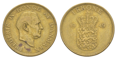 Дания 1 крона 1949 N, Фредерик IX (1947-1972) KM 837 алюминиевая бронза 4638-721
