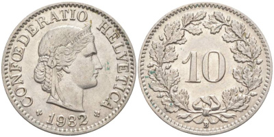 Швейцария 10 раппенов 1932 B KM 27b никель     3309-1068