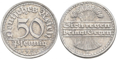 ГЕРМАНИЯ 50 ПФЕННИГОВ 1921 G KM 27, J. 301 алюминий 73-1624