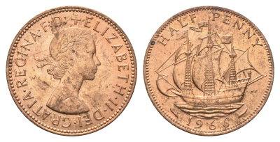 Великобритания 1/2 пенни 1966 Елизавета II (1952-2022) KM 896, Spink 4158 бронза aUNC 4662-1255