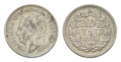 Нидерланды 10 центов 1936 Вильгельмина I (1890-1948) KM 163 серебро 4659-1156