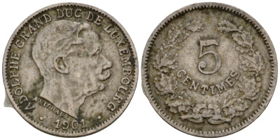 Люксембург 5 сантимов 1901 герцог Адольф (1890-1905) KM 24 медно-никель 4602-337