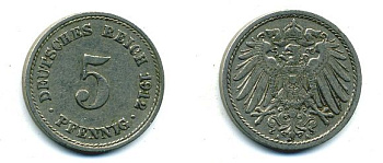 ГЕРМАНИЯ 5 ПФЕННИГОВ 1912 A, KM 11, J. 12 медно-никель 62-2434