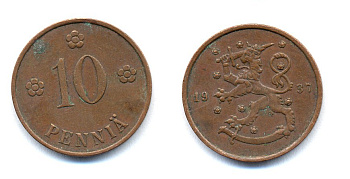 Финляндия 10 пенни 1937 KM 24 медь 51-5614