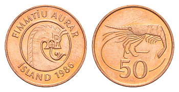 Исландия 50 эйре 1986 креветка KM 26a сталь плакированная бронзой UNC 4632-956