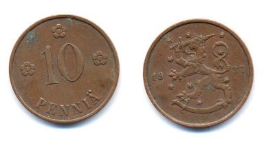 Финляндия 10 пенни 1937 KM 24 медь 51-5614