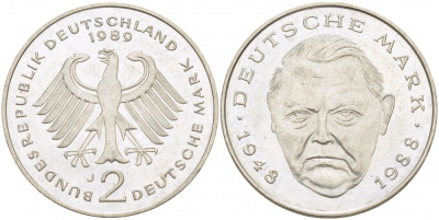 ФРГ 2 МАРКИ 1989 J ЛЮДВИГ ЭРХАРД KM 170 медно-никель 3718-954
