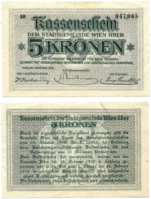 Австрия, Вена 5 крон 1918 1 ноября 1918, нотгельд Ri.29a бумага 7222-73-2