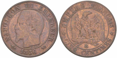 ФРАНЦИЯ 5 САНТИМОВ 1856 B, НАПОЛЕОН III (1852-1870) KM 777.2, LE FRANC 116.31 бронза 108-421