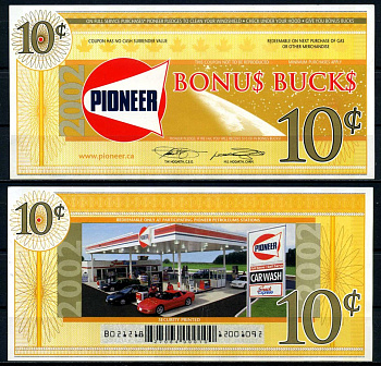 Канада купон на 10 центов 2002 сеть заправок Pioneer, bonus bucks бумага 6289-56-3-1
