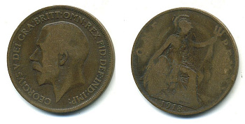 Великобритания 1 пенни 1918 Георг V (1910-1936) КМ 810, Spink 4051 бронза 4110-211