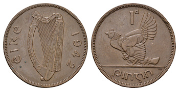 Ирландия 1 пенни 1942 курица с цыплятами KM 11 бронза 4672-731