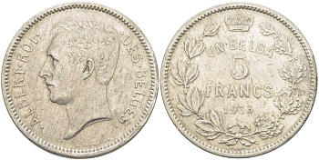 БЕЛЬГИЯ 5 ФРАНКОВ 1933 АЛЬБЕРТ I, DES BELGES KM 97.1 никель 3851-241