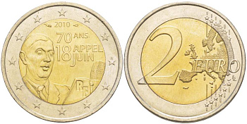 Франция 2 евро 2010 70 лет речи Шарля де Голля "Ко всем французам" KM 1676 биметалл UNC 215-645
