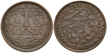 Нидерланды 1 цент 1940 Вильгельмина (1890-1948) KM 152 бронза 4169-1251