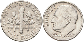 США 10 центов (дайм) 1967 Рузвельт KM 195a медь плакированная медно-никелем 4613-822