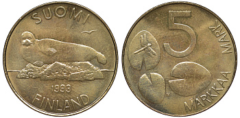 ФИНЛЯНДИЯ 5 МАРОК 1993 M, МОРЖ KM 73 медь алюминий никель UNC 3334-822