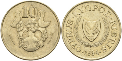 Кипр 10 центов 1994 KM 56.3 никель латунь 4141-1221