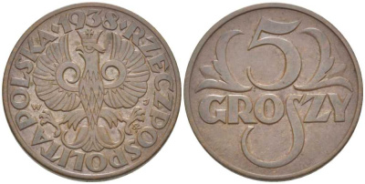 ПОЛЬША 5 ГРОШЕЙ 1938 w KM 10а бронза 112-1123