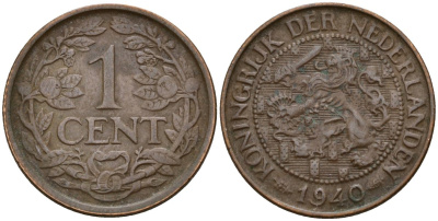Нидерланды 1 цент 1940 Вильгельмина (1890-1948) KM 152 бронза 4169-1251