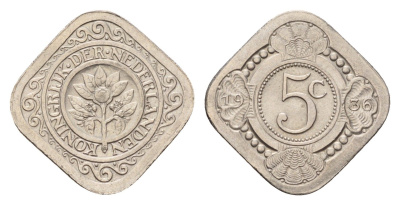 Нидерланды 5 центов 1936 Вильгельмина (1890-1948) KM 153 медно-никель UNC 4675-857