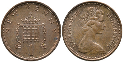Великобритания 1 пенни 1971 Елизавета II (1952-2022) KM 915, Spink 4237 (B1) бронза 100-543